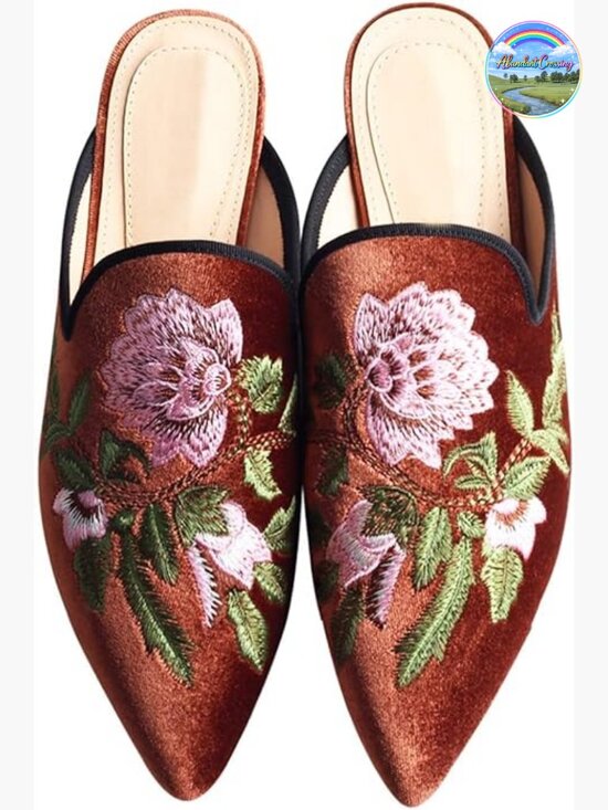 Shoes - Velvet Backless Pointed Toe Slip On Loafers Flats Embroidery Mule Slippers